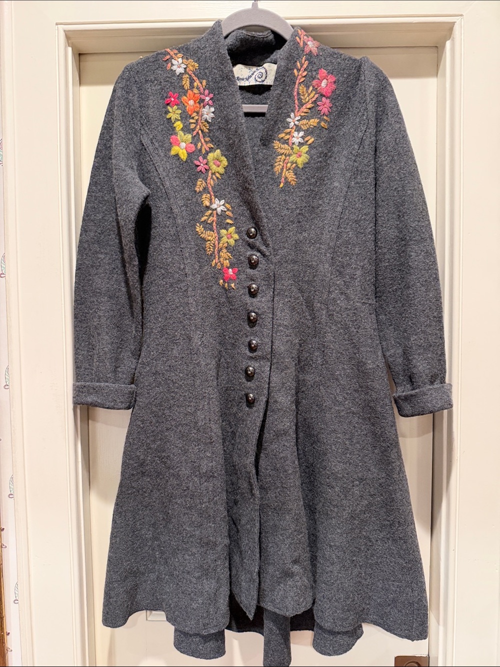 Anthropologie Embroidered Charcoal Gray Long-Sleeve A-Line Dress